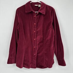 L.L.Bean Shirt Womens Large Red Cotton Velvet Collared Button Up Long Sleeve Top